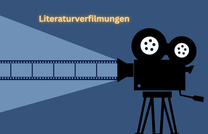 Grafik mit schwarzem Filmapparat vor dunkelblauem Hintergrund mit der leuchtenden Überschrift Literaturverfilmungen